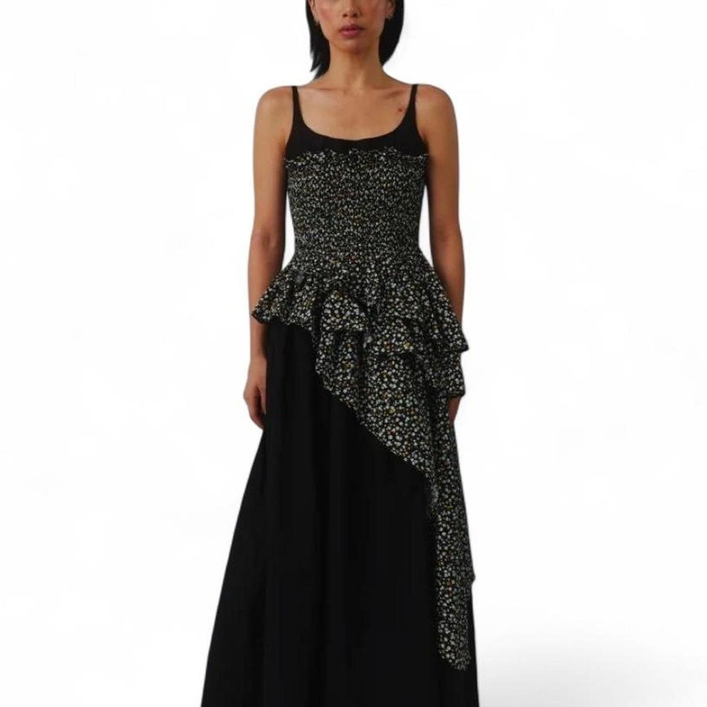 Allina Liu Diana Maxi Floral Dress Black Smocked Ruffle Cotton S